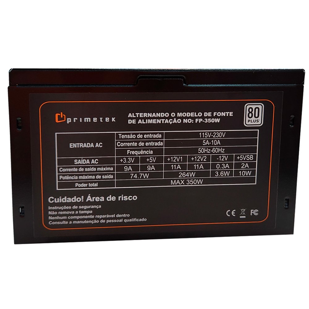 Fonte Gamer Primetek 350W Real 80 Plus ATX PFC Ativo Bivolt FP-350 Preta