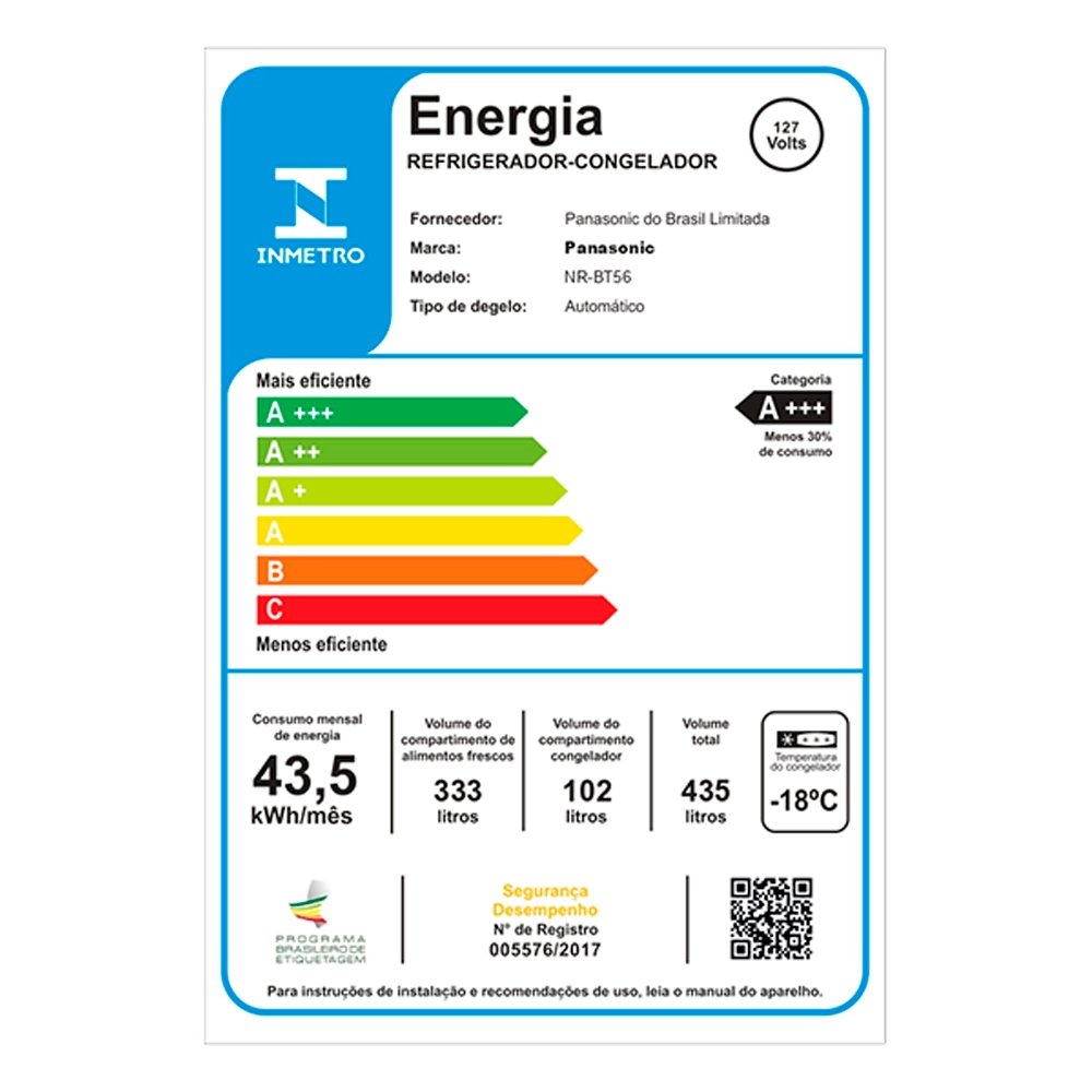 Geladeira/Refrigerador Panasonic 435 Litros NR-BT56PD4W - 2 Portas, Frost Free, Branco, 110V