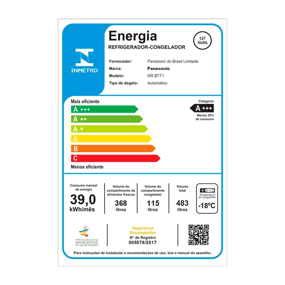 Geladeira/Refrigerador Panasonic 483 Litros NR-BT71PV4X - Frost Free, Inverter, A+++, Aço Escovado, 110V