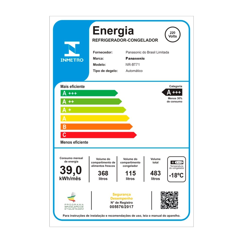 Geladeira/Refrigerador Panasonic 483 Litros NR-BT71PV4X - Frost Free, Inverter, A+++, Aço Escovado, 220V