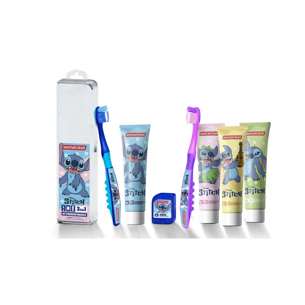 Kit Dentalclean Stitch Escova + Fio 20m + Gel Infantil com Flúor Morango 50g