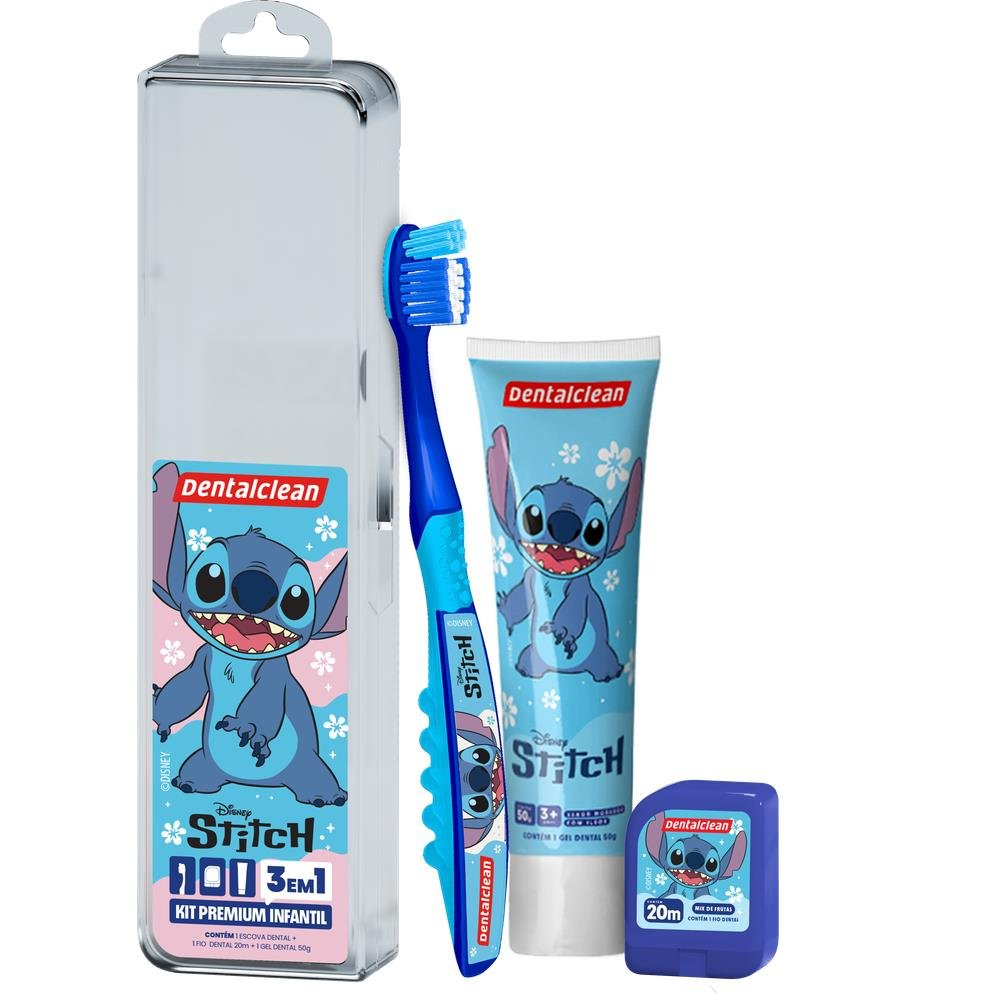 Kit Dentalclean Stitch Escova + Fio 20m + Gel Infantil com Flúor Morango 50g