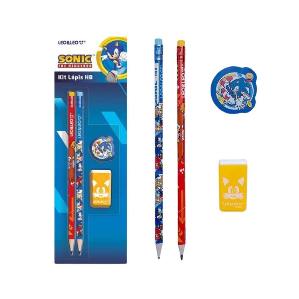 Kit Escolar Sonic Leo E Leo 2 Lapis 1 Borracha 1 Apontador Ref 10149