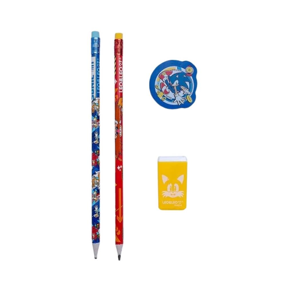 Kit Escolar Sonic Leo E Leo 2 Lapis 1 Borracha 1 Apontador Ref 10149