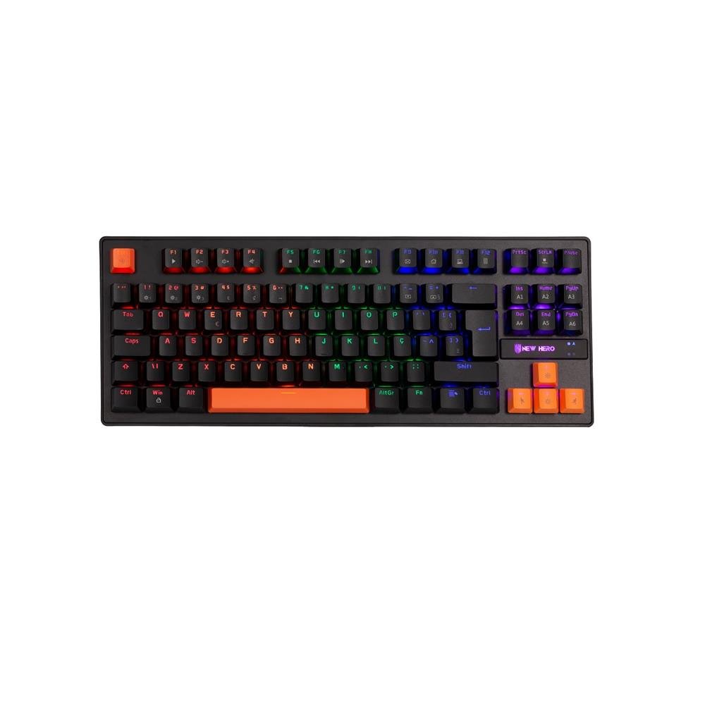 Teclado Mecânico Gamer New Hero Commander Tkl, Rgb, Switch Blue, Abnt2, Usb, Preto E Laranja