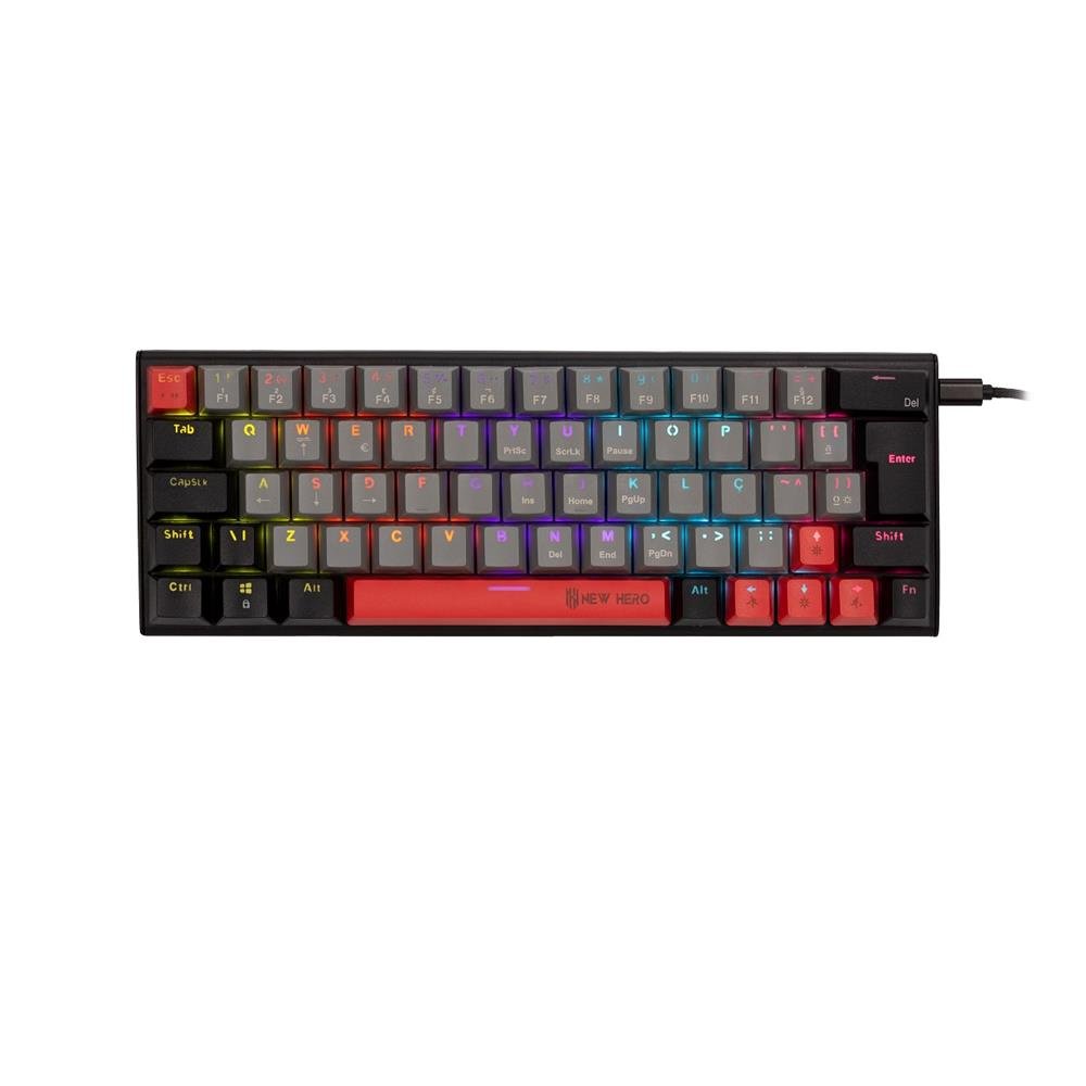 Teclado Mecanico Gamer New Hero Titan Mini 60%, RGB, Switch Blue, ABNT2, USB, Cinza e Preto