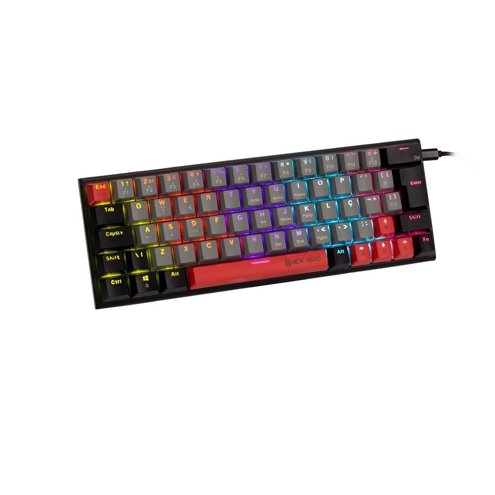 Teclado Mecanico Gamer New Hero Titan Mini 60%, RGB, Switch Blue, ABNT2, USB, Cinza e Preto