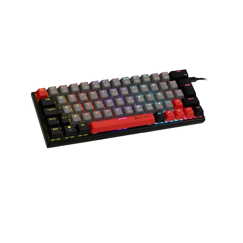 Teclado Mecanico Gamer New Hero Titan Mini 60%, RGB, Switch Blue, ABNT2, USB, Cinza e Preto