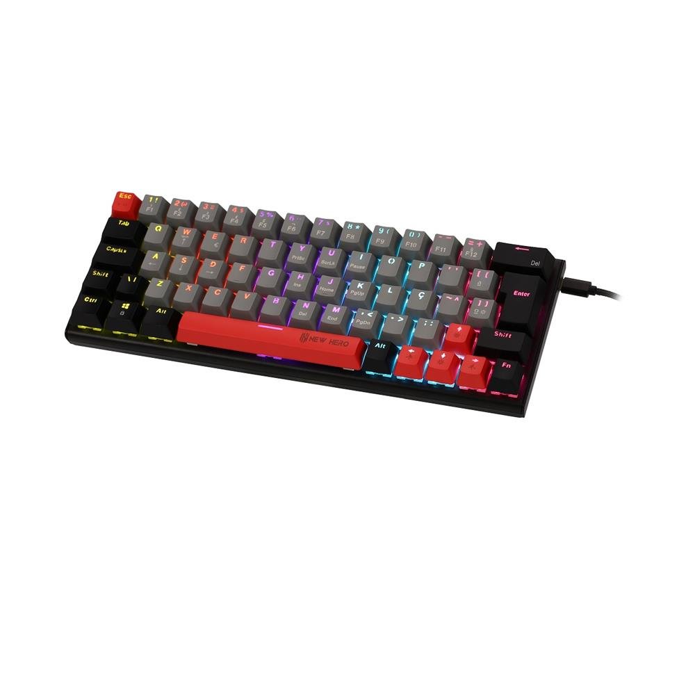 Teclado Mecanico Gamer New Hero Titan Mini 60%, RGB, Switch Blue, ABNT2, USB, Cinza e Preto