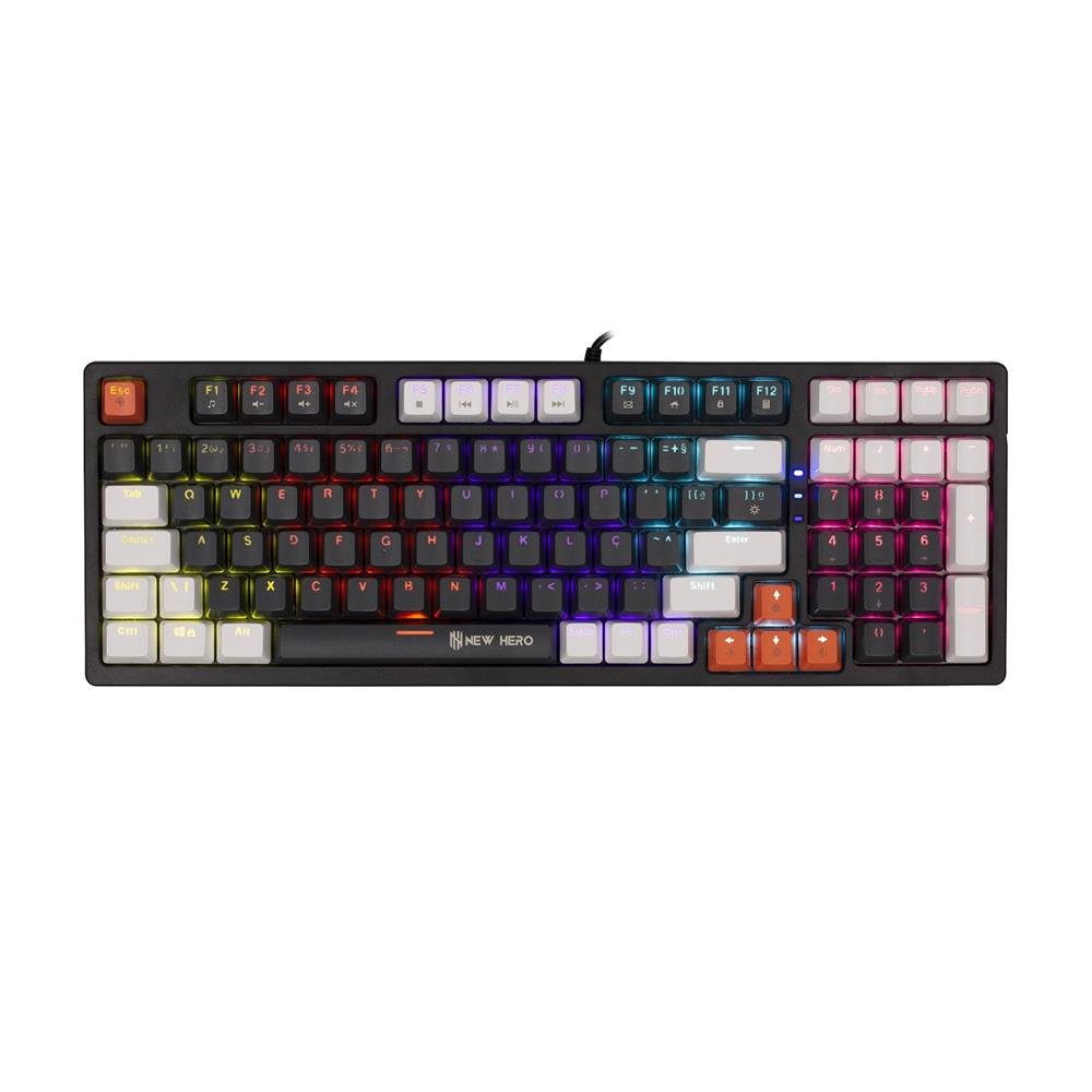 Teclado Mecanico Gamer New Hero Arkana, RGB, Switch Red, ABNT2, USB, Preto e Cinza