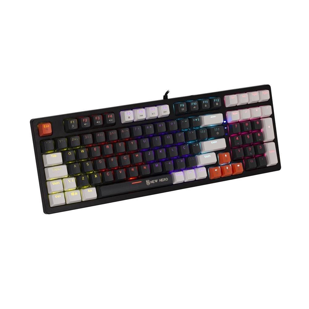 Teclado Mecanico Gamer New Hero Arkana, RGB, Switch Red, ABNT2, USB, Preto e Cinza
