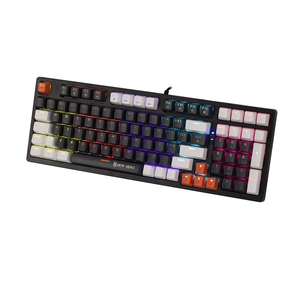 Teclado Mecanico Gamer New Hero Arkana, RGB, Switch Red, ABNT2, USB, Preto e Cinza