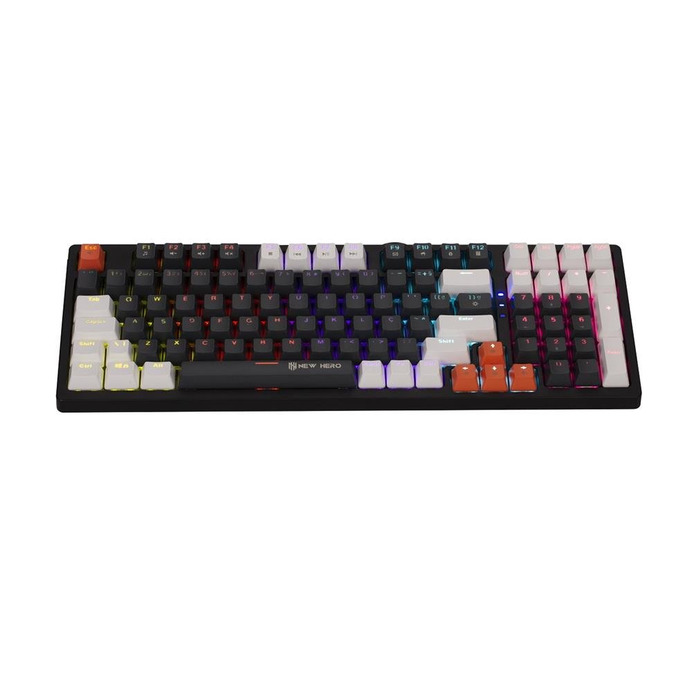 Teclado Mecanico Gamer New Hero Arkana, RGB, Switch Red, ABNT2, USB, Preto e Cinza