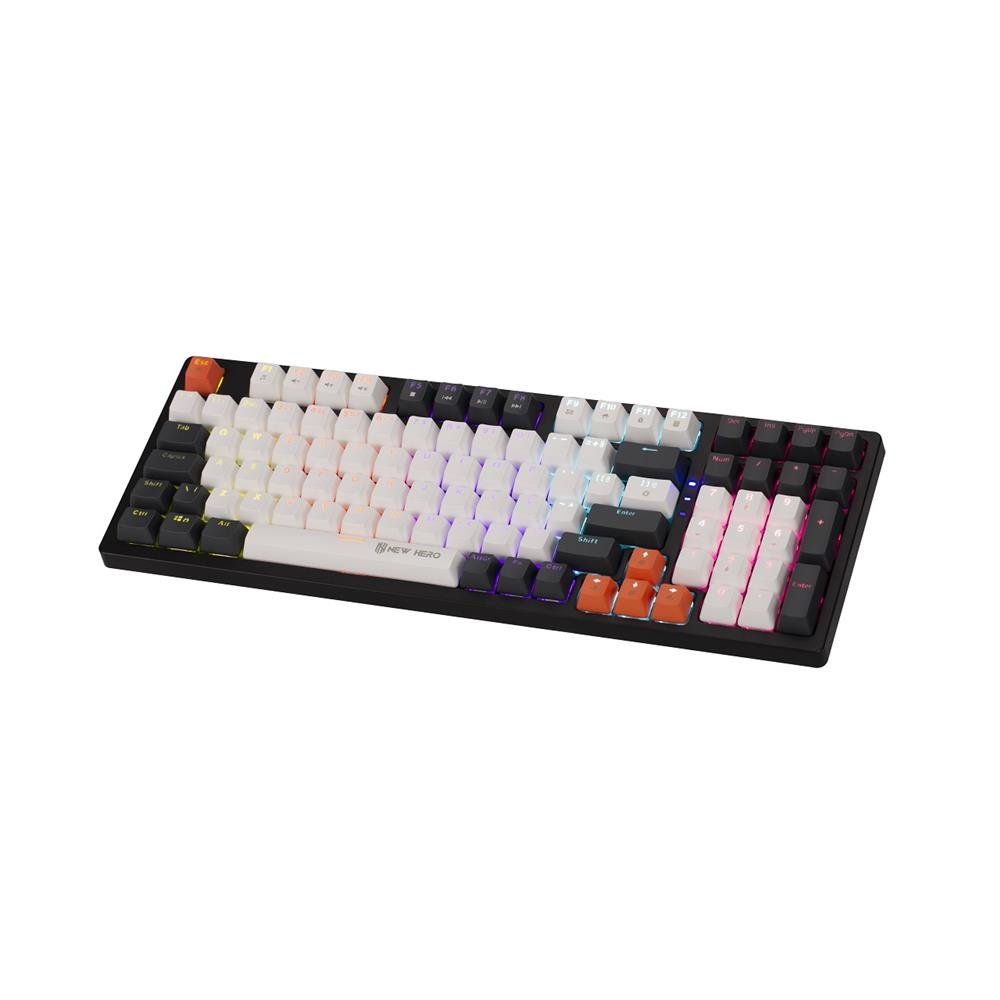 Teclado Mecanico Gamer New Hero Arkana, RGB, Switch Red, ABNT2, USB, Branco e Cinza
