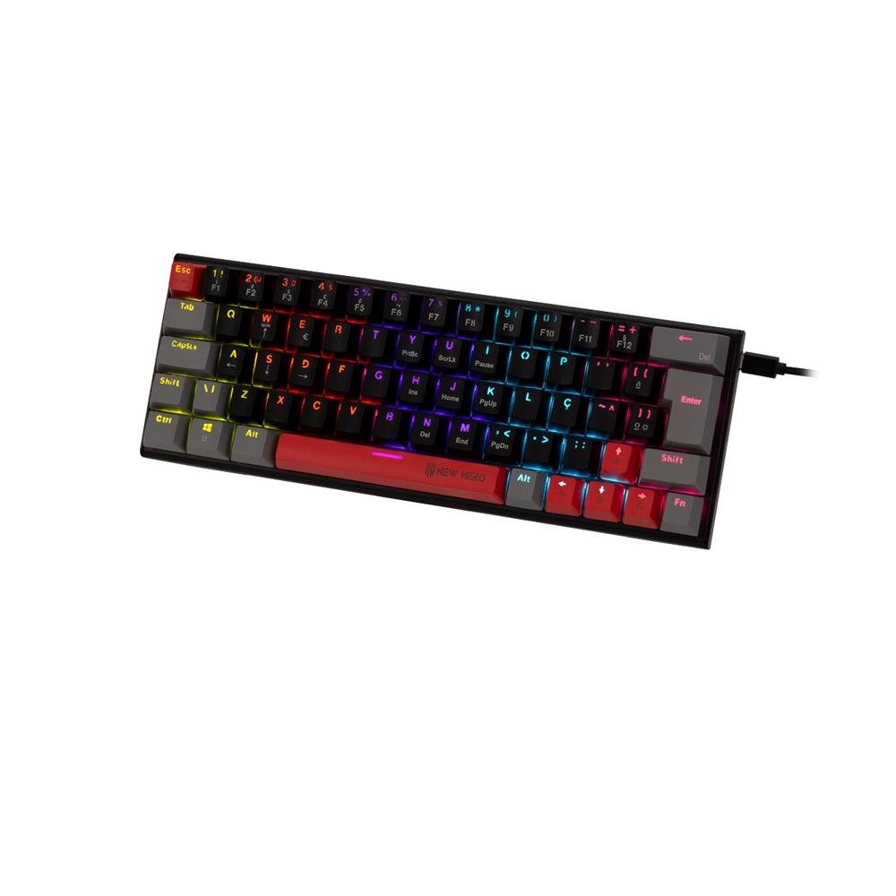 Teclado Mecanico Gamer New Hero Titan Mini 60%, RGB, Switch Blue, ABNT2, USB, Preto e Cinza