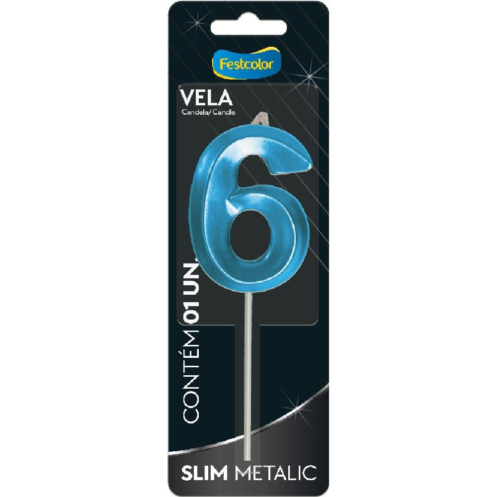 Vela Slim Metallic Azul N 6 - Embalagem com 1 unidade.