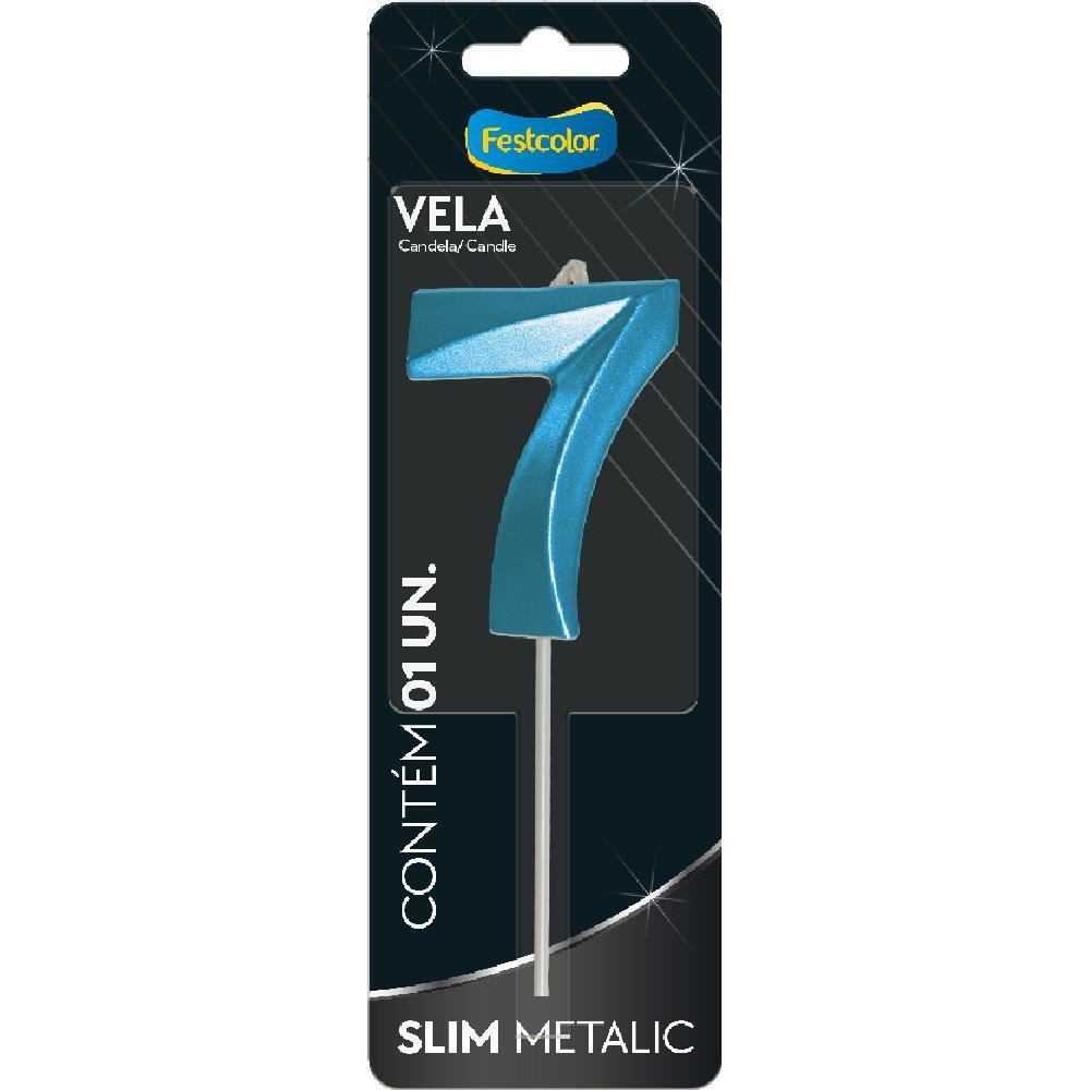 Vela Slim Metallic Azul N 7 - Embalagem com 1 unidade.