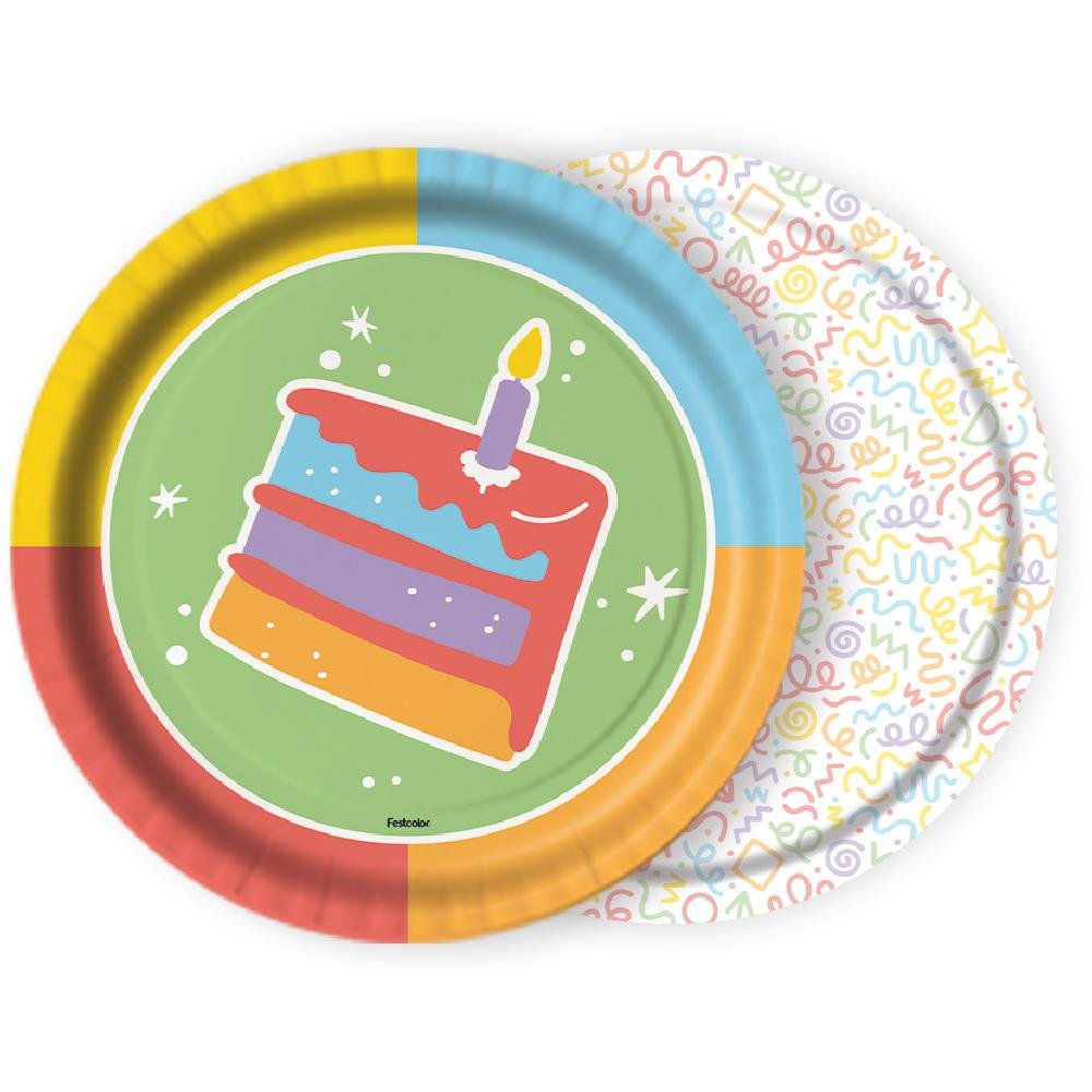 Prato Feliz Aniversario - Embalagem com 8 unidades.