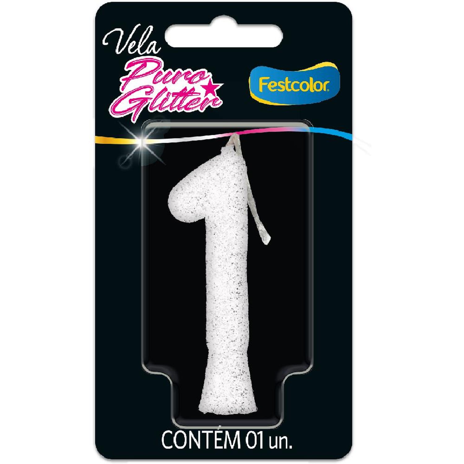 Vela Puro Glitter Branca N 1 - Embalagem com 1 unidade.