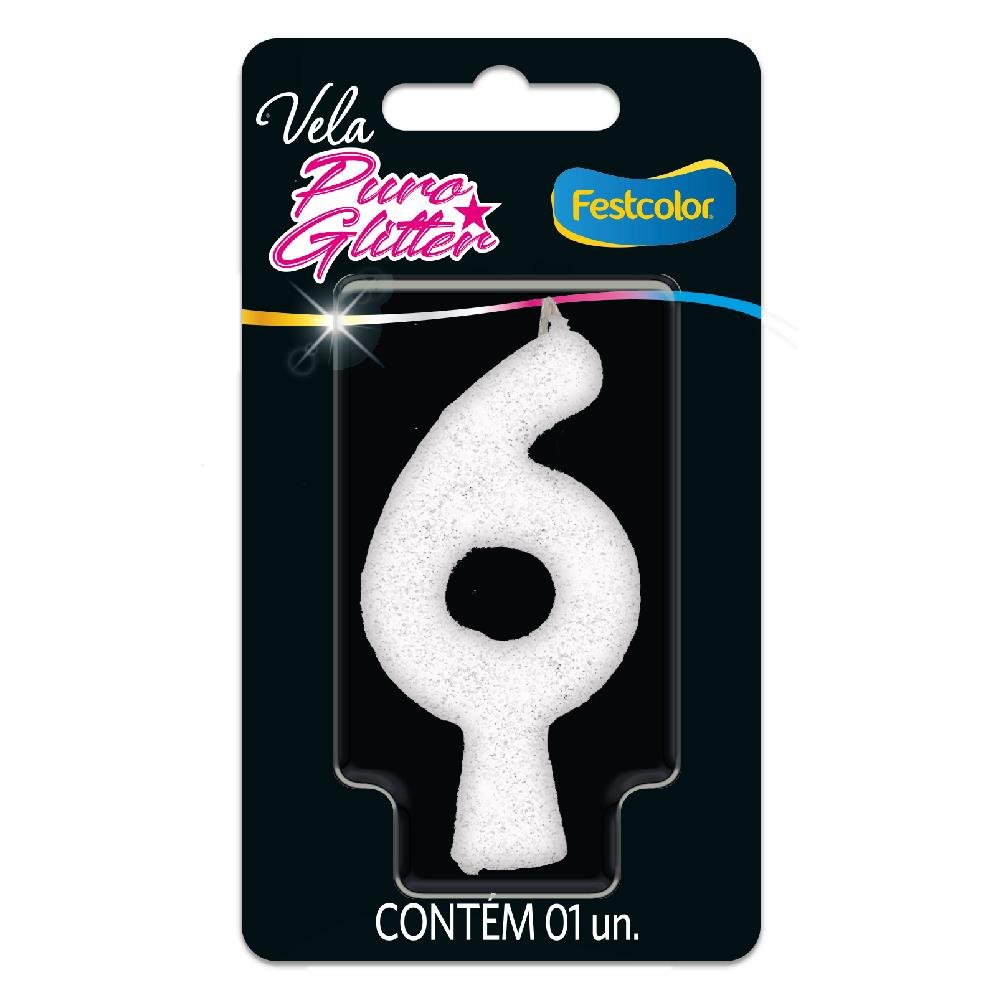 Vela Puro Glitter Branca N 6 - Embalagem com 1 unidade.