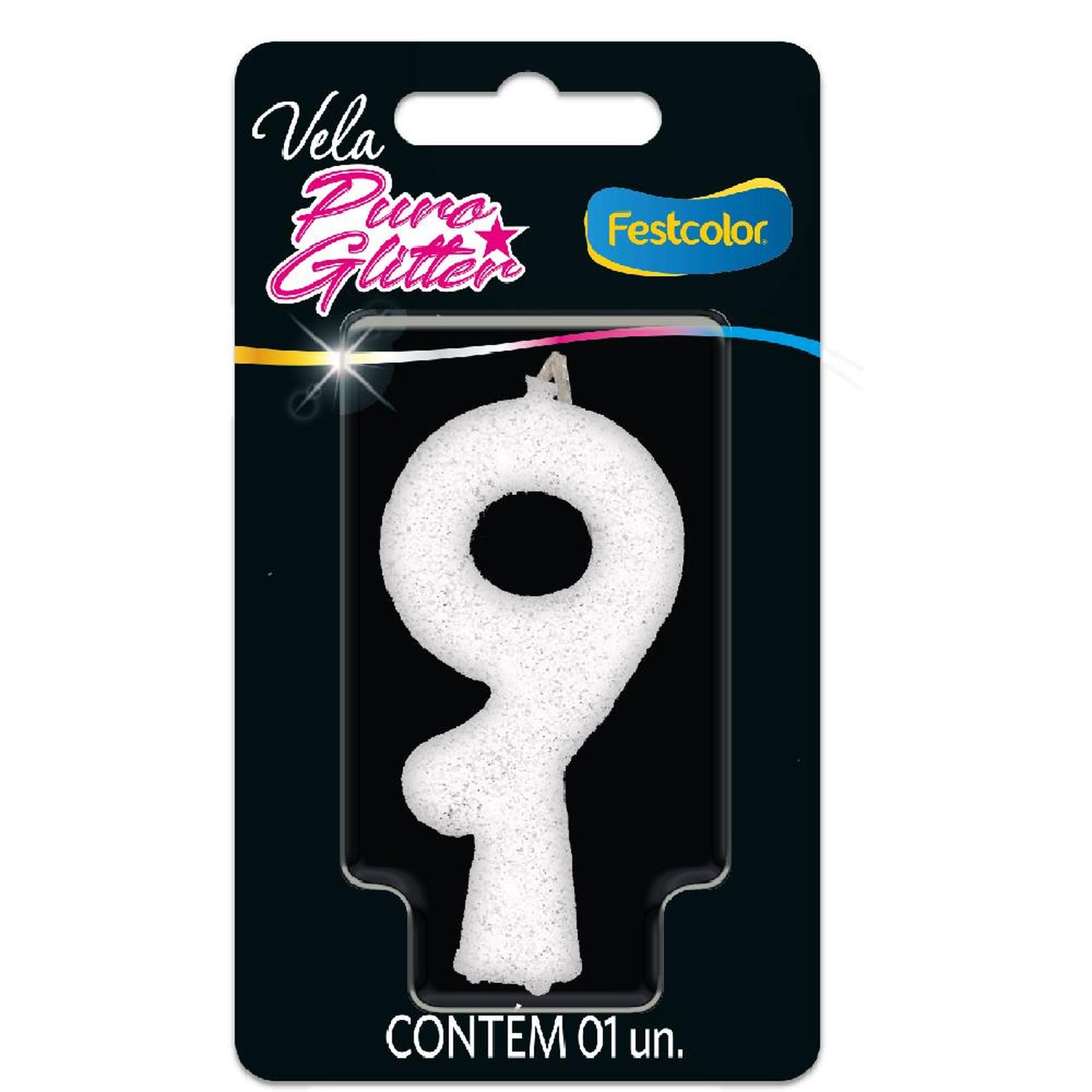 Vela Puro Glitter Branca N 9 - Embalagem com 1 unidade.