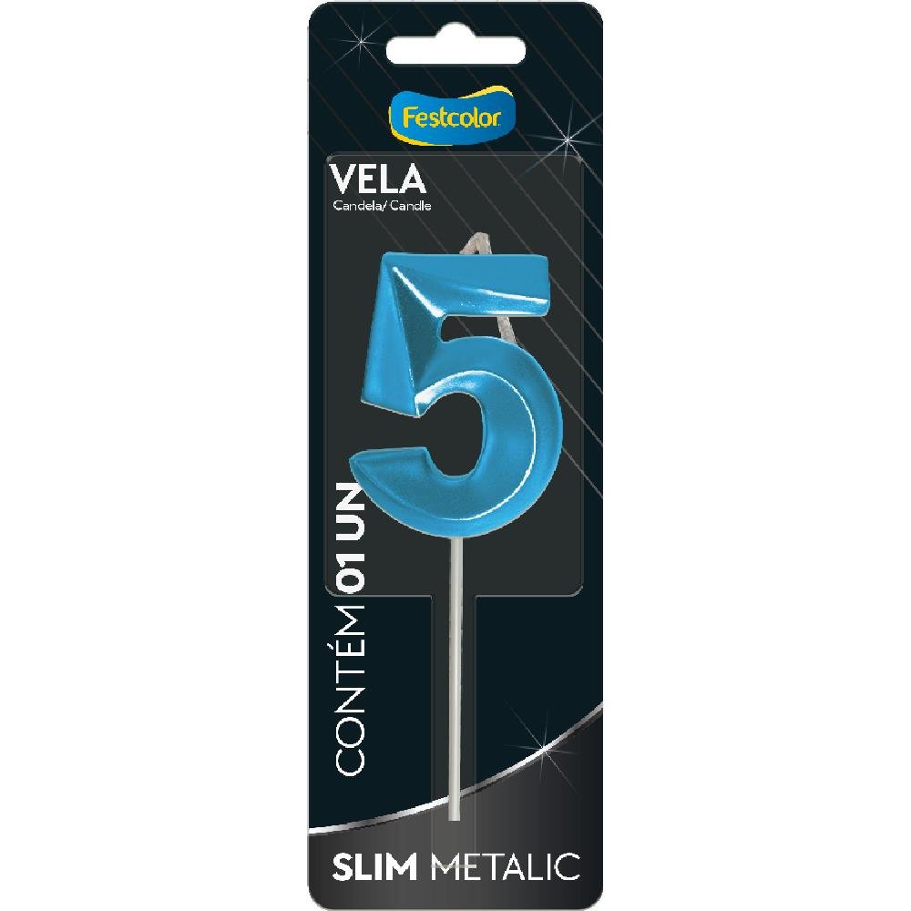 Vela Slim Metallic Azul N 5 - Embalagem com 1 unidade.