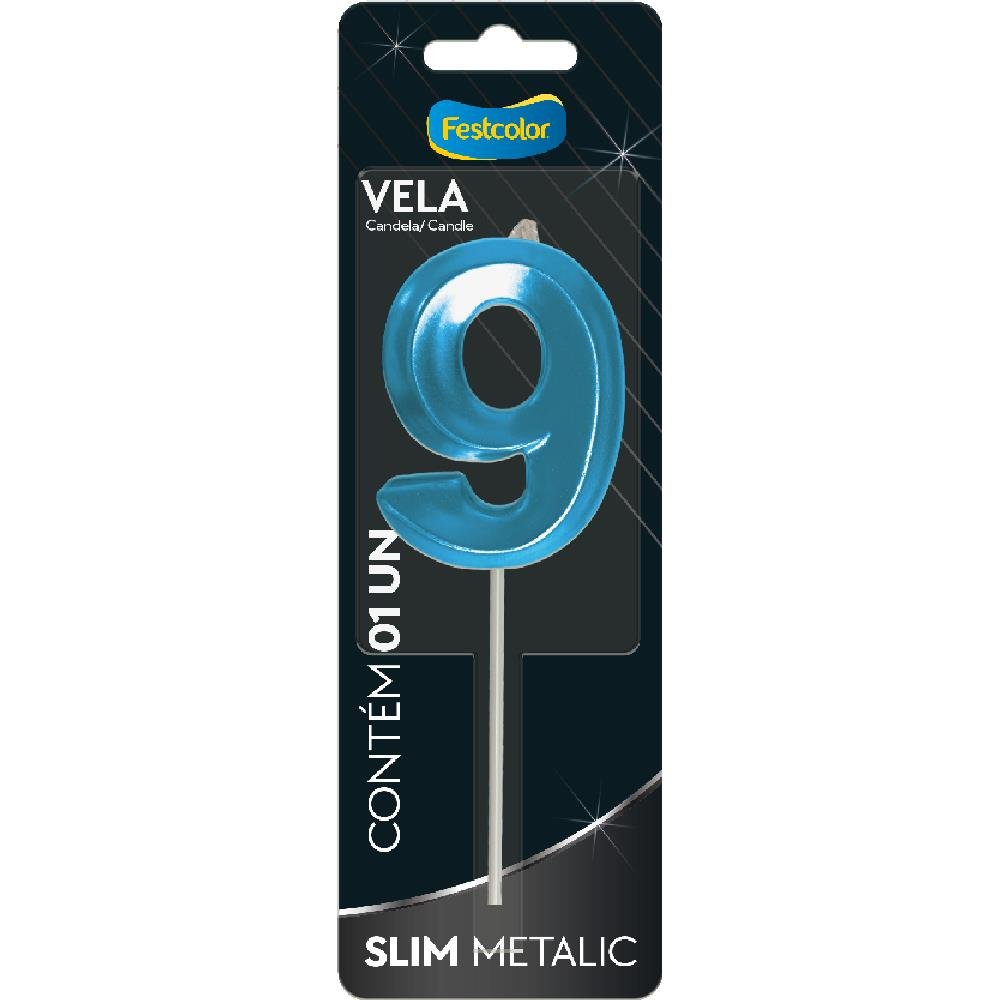 Vela Slim Metallic Azul N 9 - Embalagem com 1 unidade.