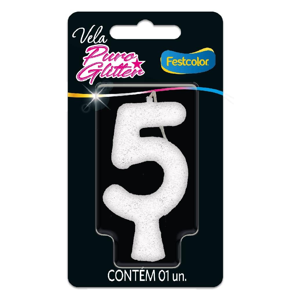 Vela Puro Glitter Branca N 5 - Embalagem com 1 unidade.