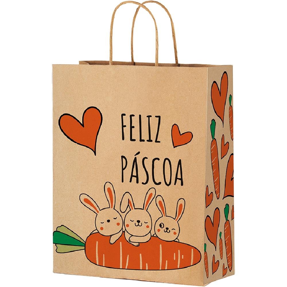Sacola De Papel M 29X24X12 Pascoa Cenoura - Embalagem com 25 unidades.