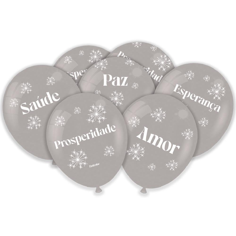 Balao Prata Metallic Frases Ano Novo - Embalagem com 25 unidades.