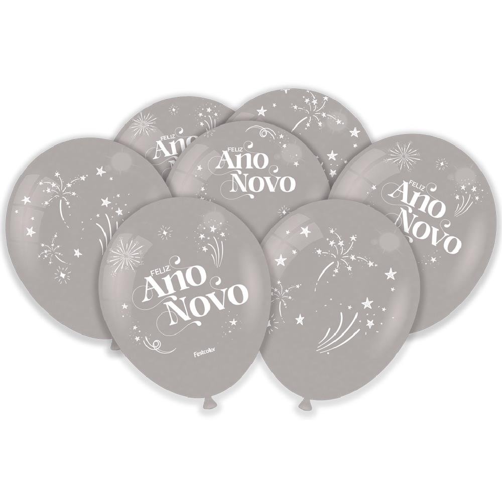 Balao Prata Metallic Estampa Ano Novo - Embalagem com 25 unidades.