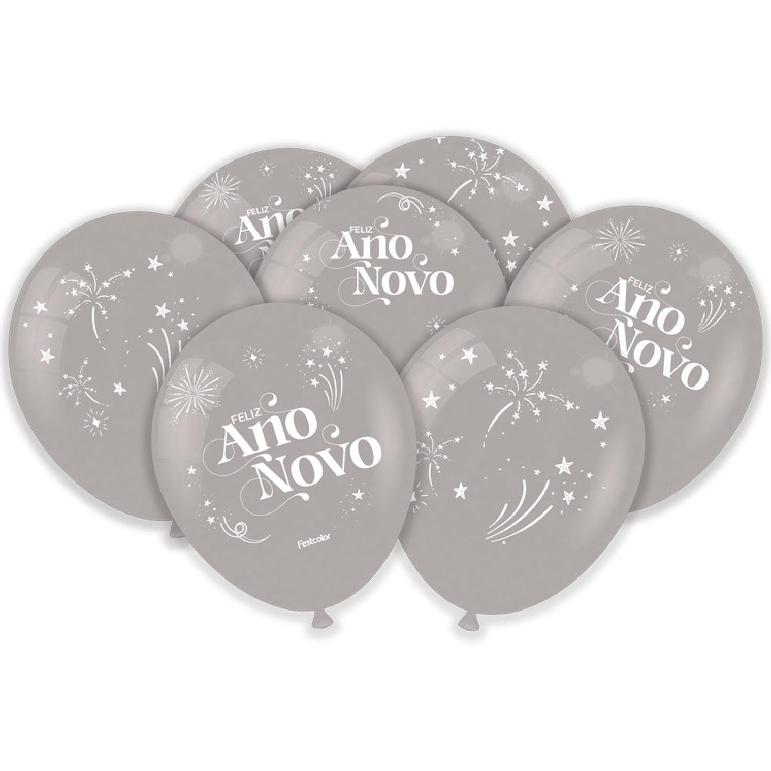 Balao Prata Metallic Estampa Ano Novo - Embalagem com 25 unidades.