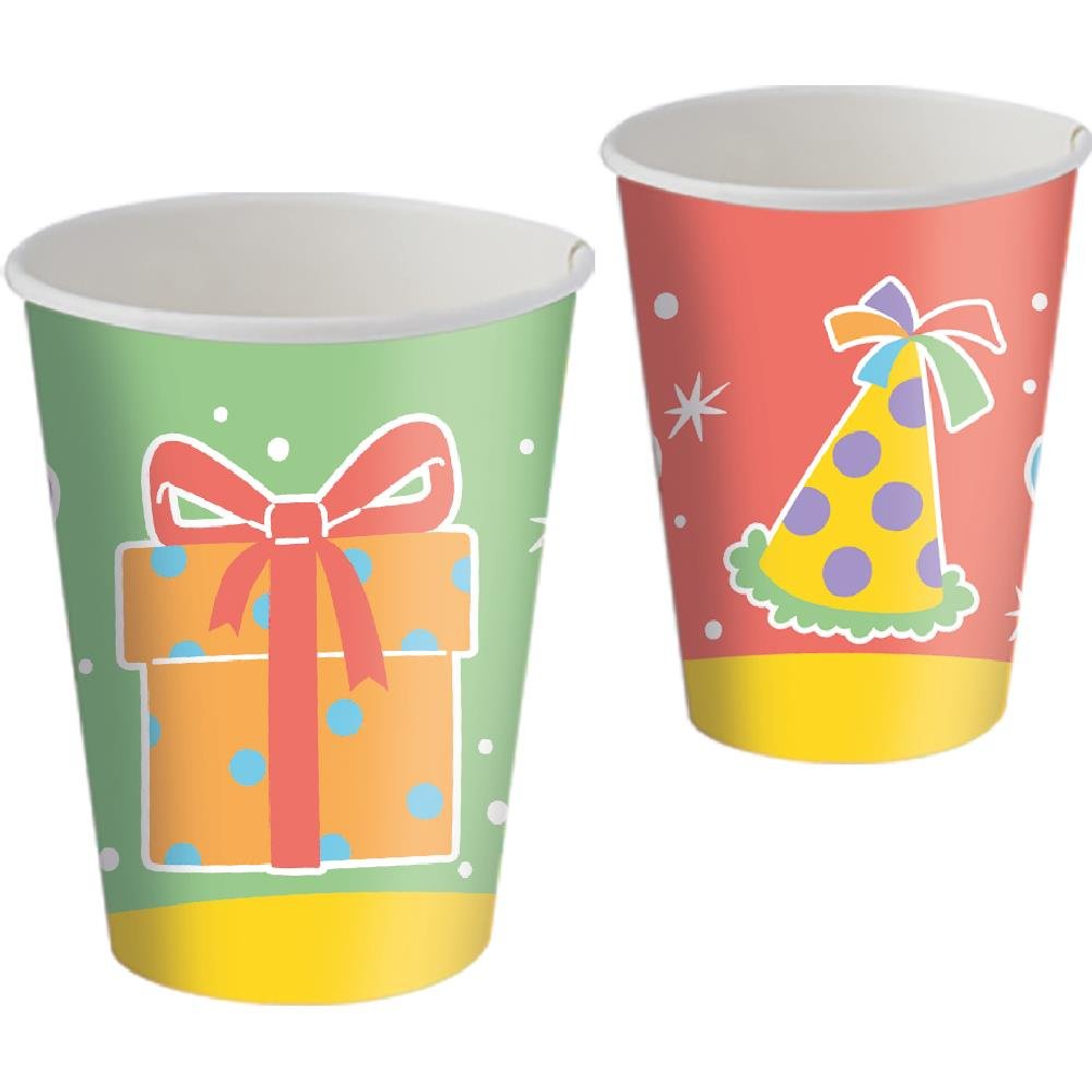 Copo Papel 200Ml Feliz Aniversario - Embalagem com 8 unidades.