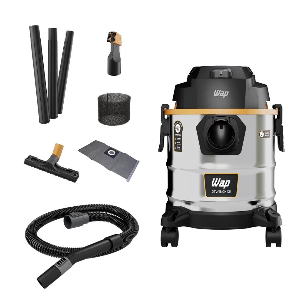 Aspirador de Po WAP, 1600W, 12 litros, Inox, Bico multiplo, Cabo 3.5m, Preto e Amarelo