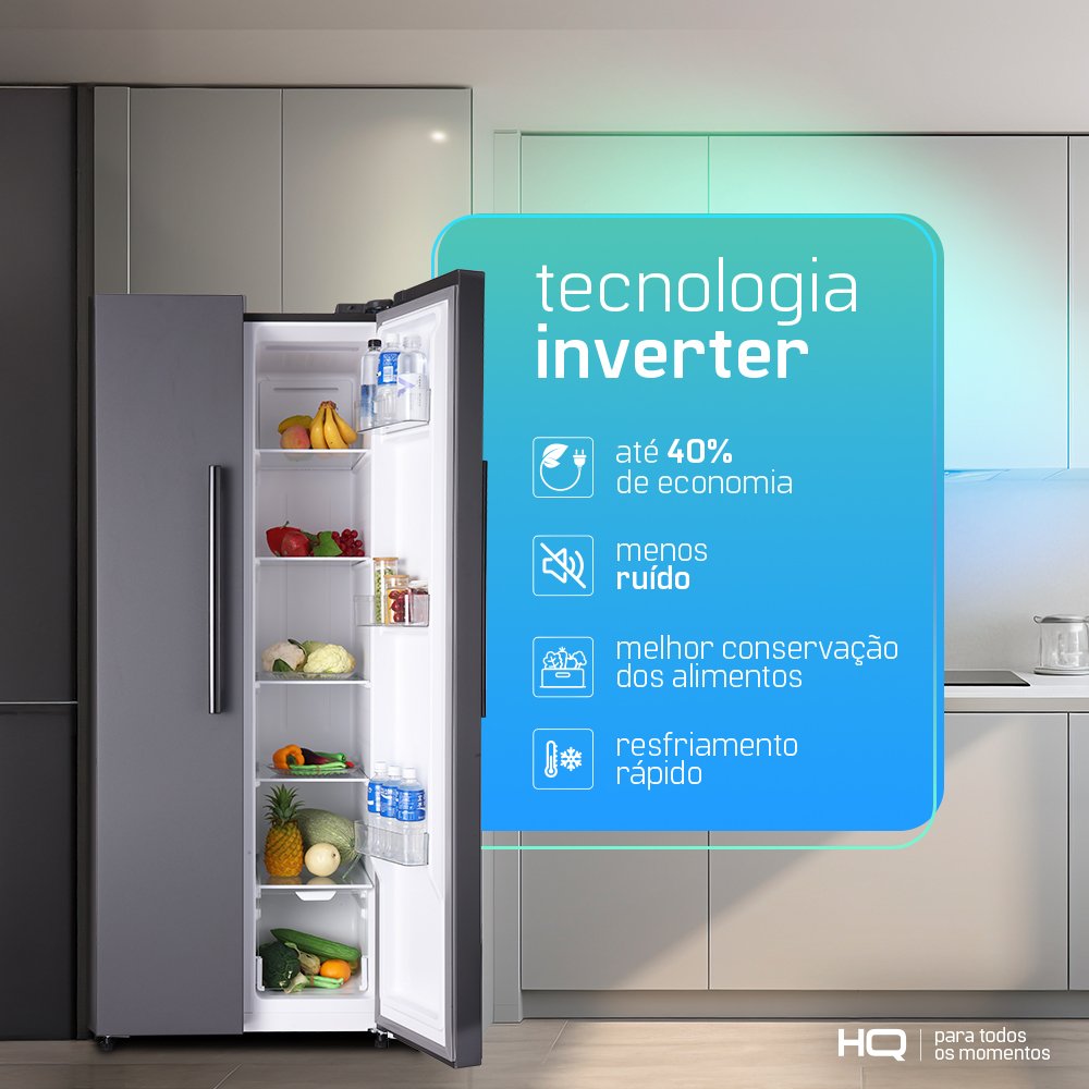 Geladeira Refrigerador HQ Frost Free Side By Side 460 Litros Cinza HQ-460SBSFF 220V