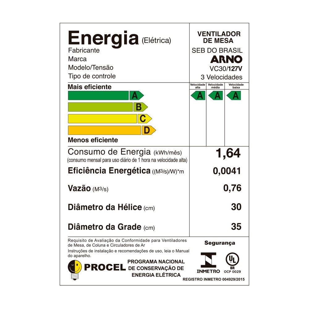 Ventilador de Mesa 30cm Arno VC30 Compact Force, Preto, 110V