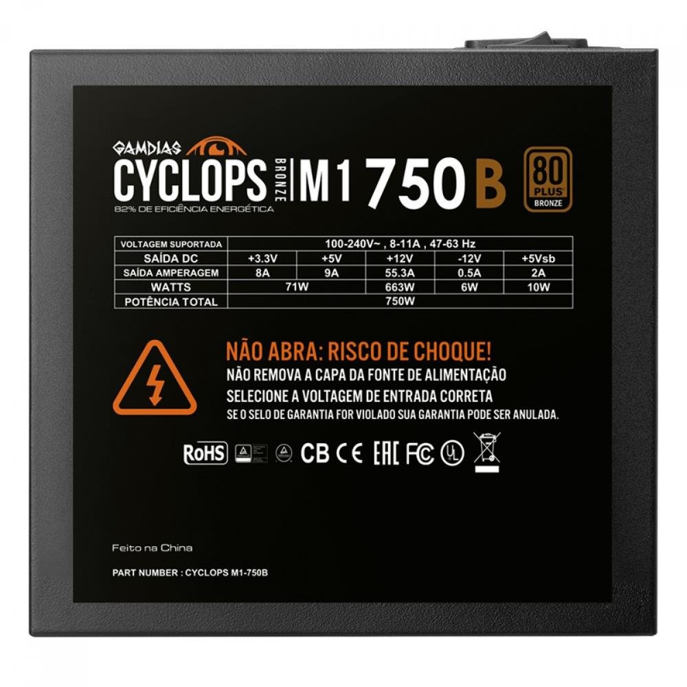 Fonte Gamdias Cyclops, 750W, 80 Plus Bronze, PFC Ativo, Sem Cabo, Preto - M1-750B