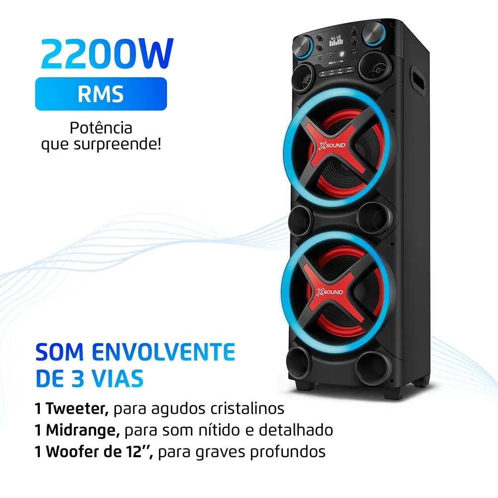 Caixa De Som Amplificada Mondial Torre De Som Tm-2200 - Entrada USB, Bluetooth 5.3, Preto, 2200W, Bivolt