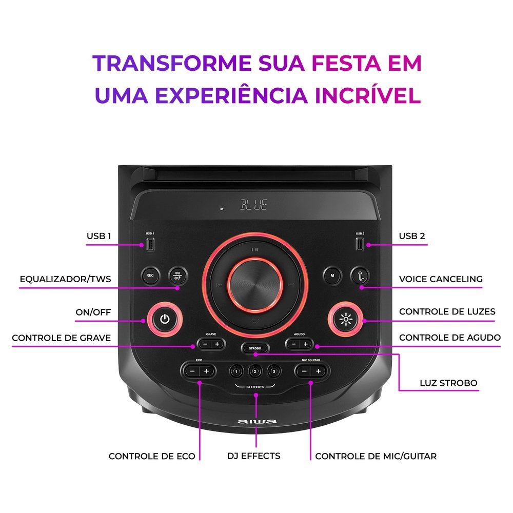 Caixa de Som Amplificada Aiwa Torre de Som AWS-T2W-02 - Bluetooth, Preto, 2300W, Bivolt