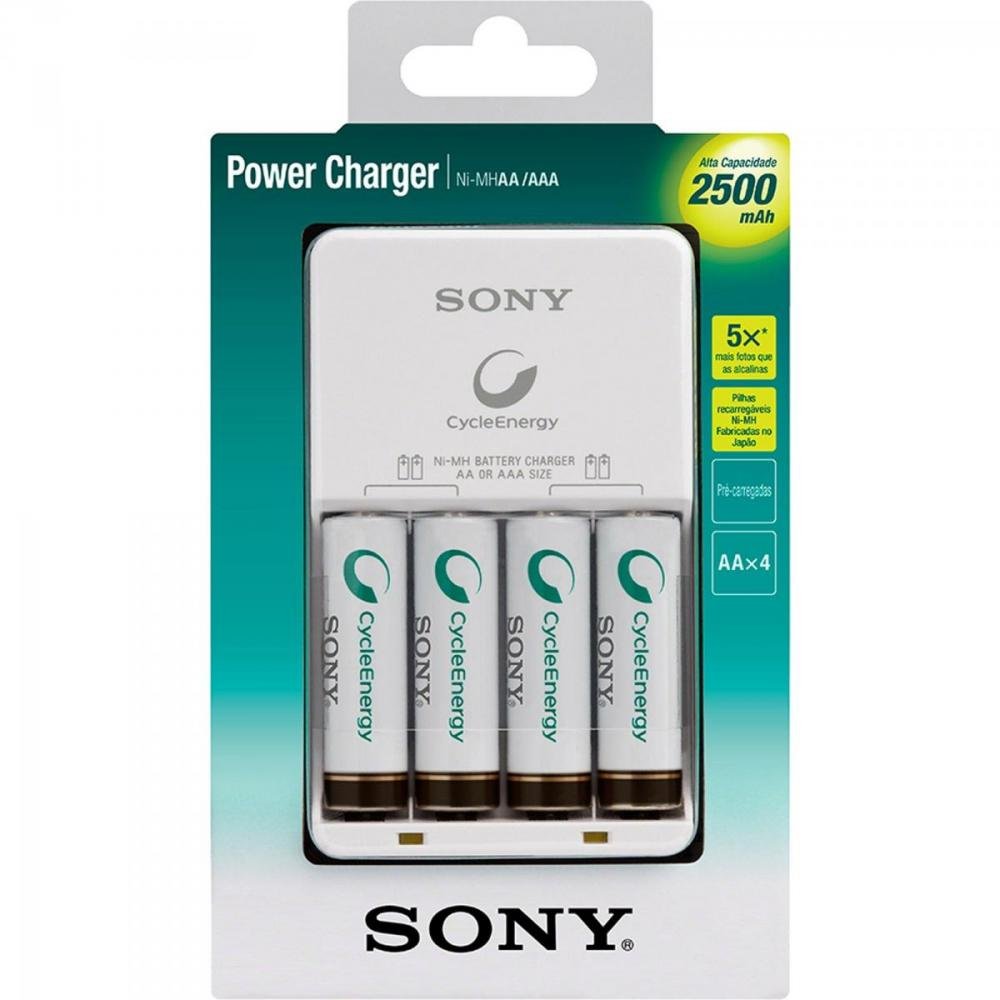 Carregador de Pilha AA 2500mAh BCG-34HHGN Bivolt Branco Sony c/4 pilhas <br/> Un.Venda: PC/1