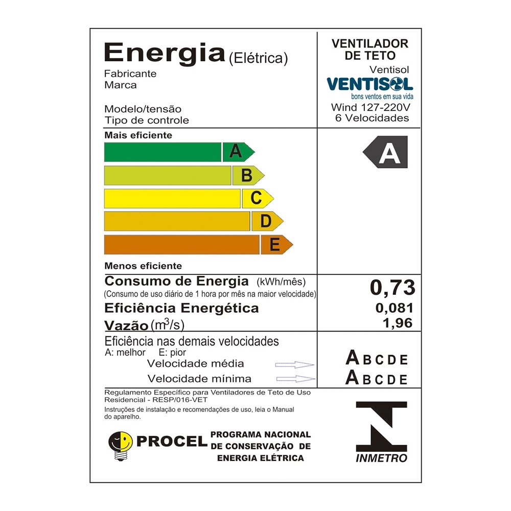 Ventilador de Teto Ventisol Wind - 3 Pás, 6 Velocidades, com Controle, Bivolt
