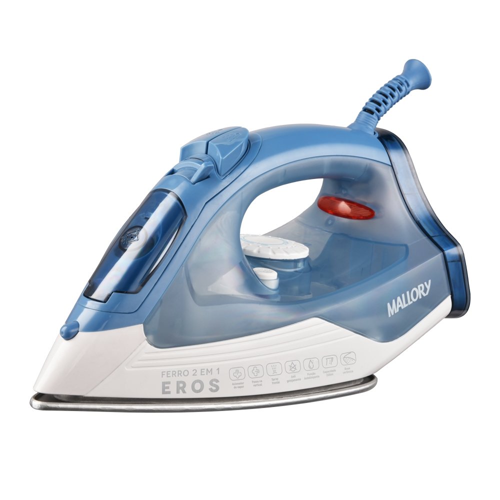 Ferro de Passar a Vapor Mallory Eros - 1200W, Azul/Branco, 110V