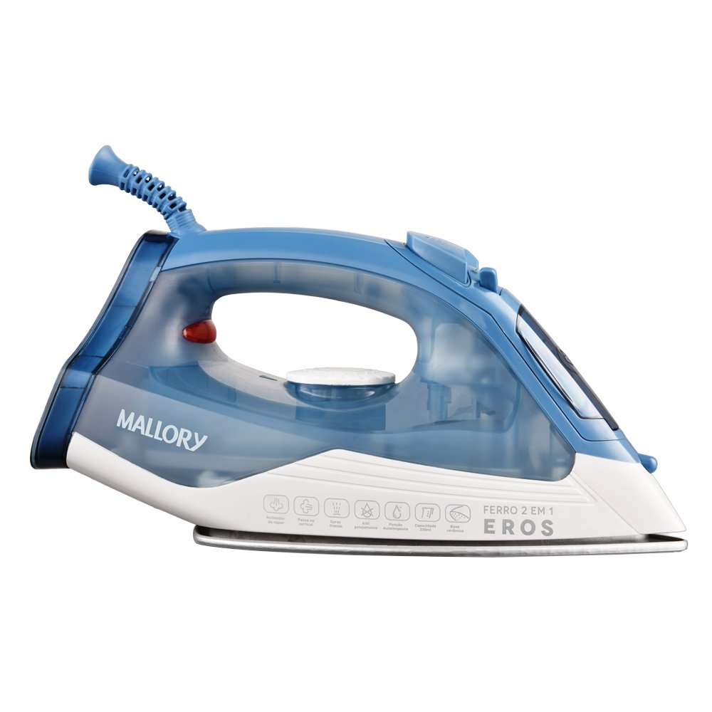 Ferro de Passar a Vapor Mallory Eros - 2000W, Azul/Branco, 220V
