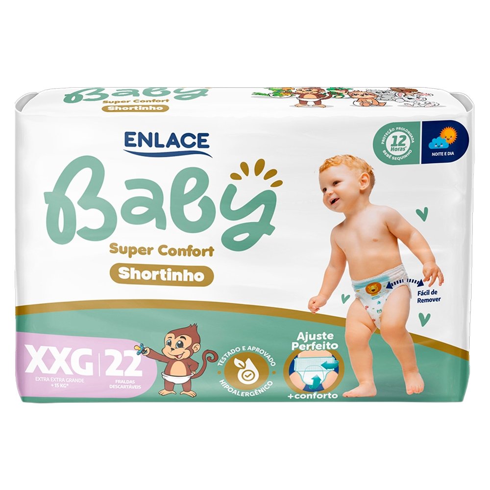 Fralda Descartável Enlace Baby Shortinho Super Confort Mega XXG - 6 Embalagens com 22 Unidades - Total de 132 Tiras