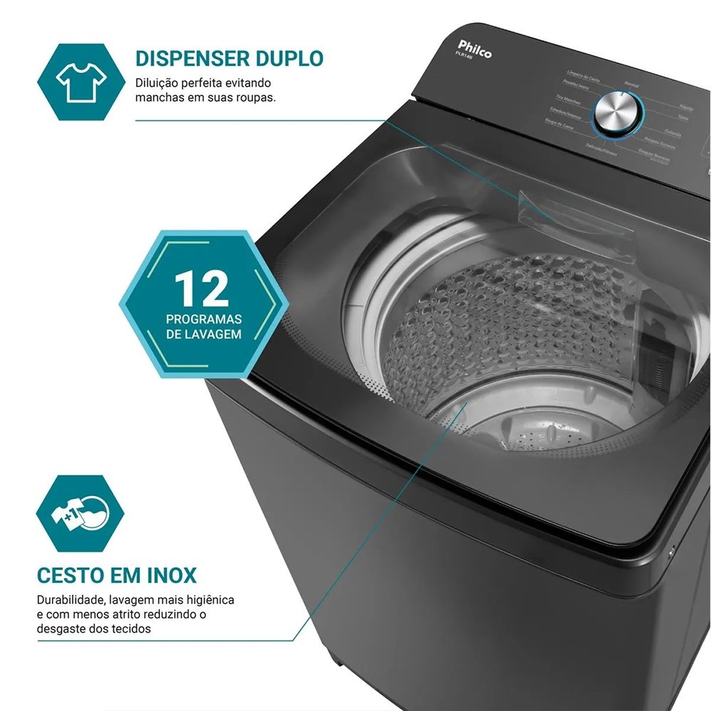 Máquina de Lavar Roupas 14Kg Philco PLR14B - Automática, Preto, 220V