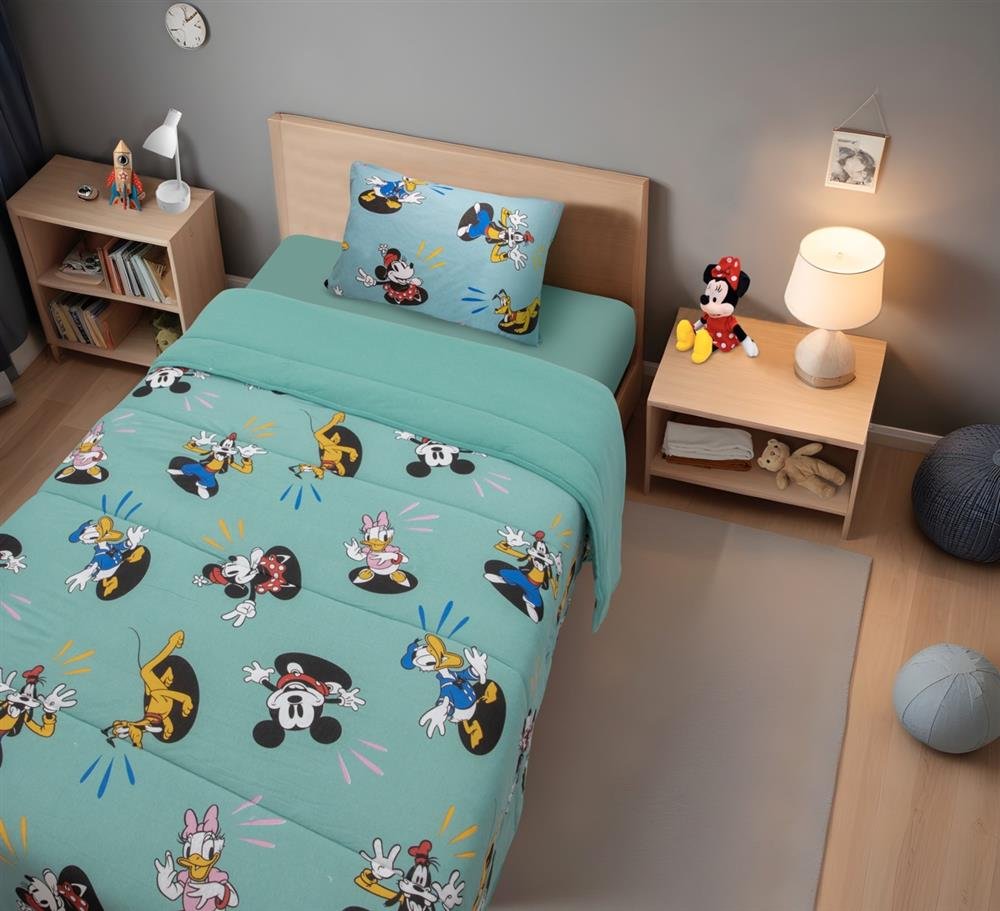 Edredom Estampado 1 Peça Portallar Disney Mickey Feliz/Verde Tempestade Solteiro