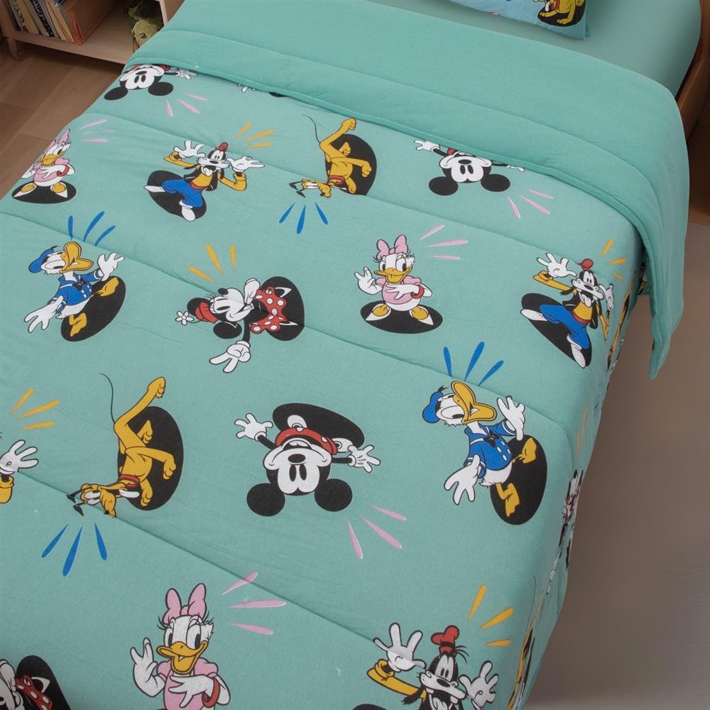 Edredom Estampado 1 Peça Portallar Disney Mickey Feliz/Verde Tempestade Solteiro