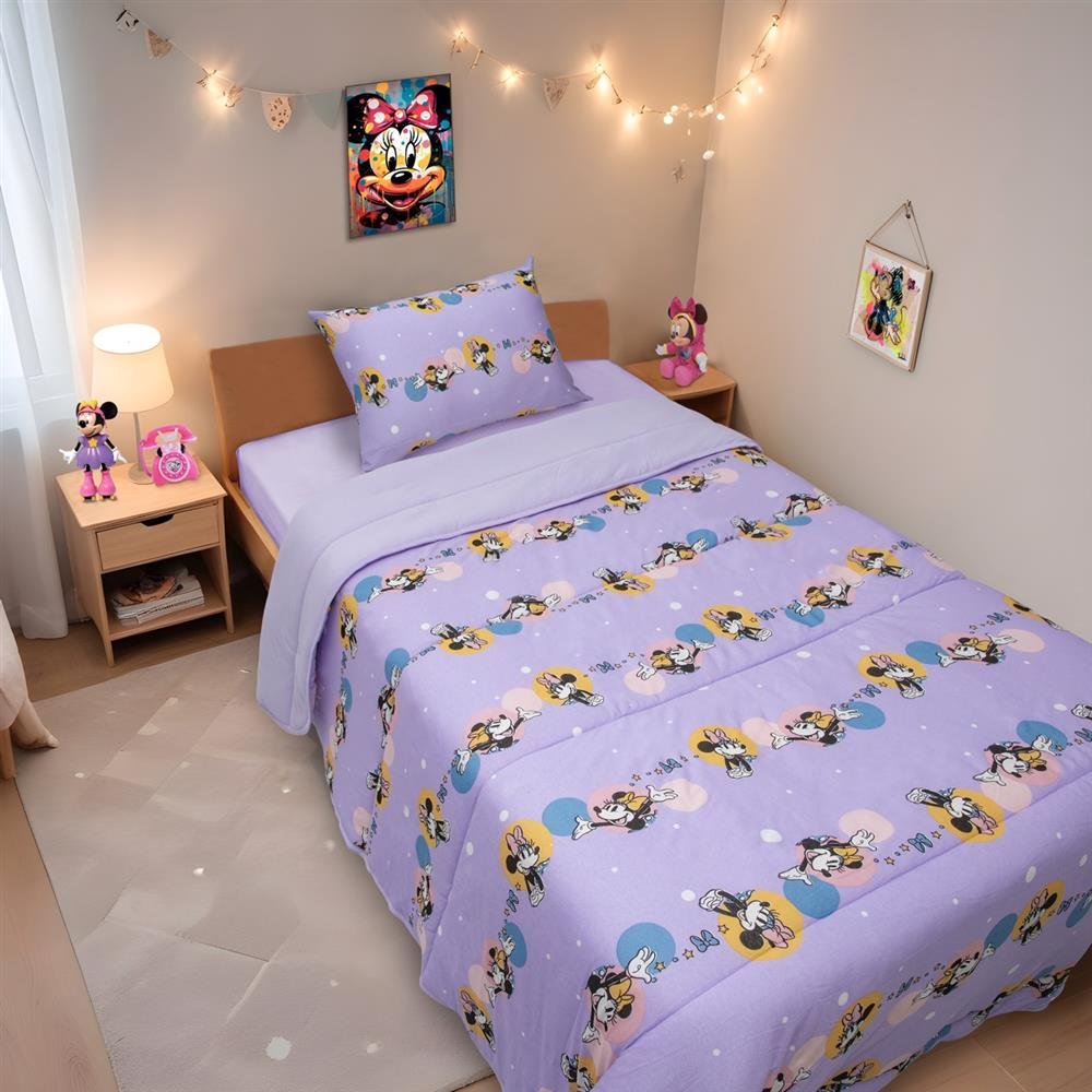 Edredom Estampado 1 Peça Portallar Disney Minnie Feliz/Lavanda Solteiro