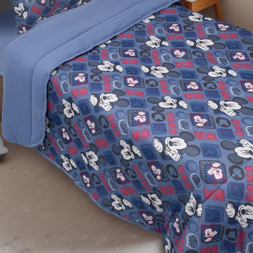 Edredom Estampado 1 Peça Portallar Disney Mickey Simpatico/Azul Jeans Casal