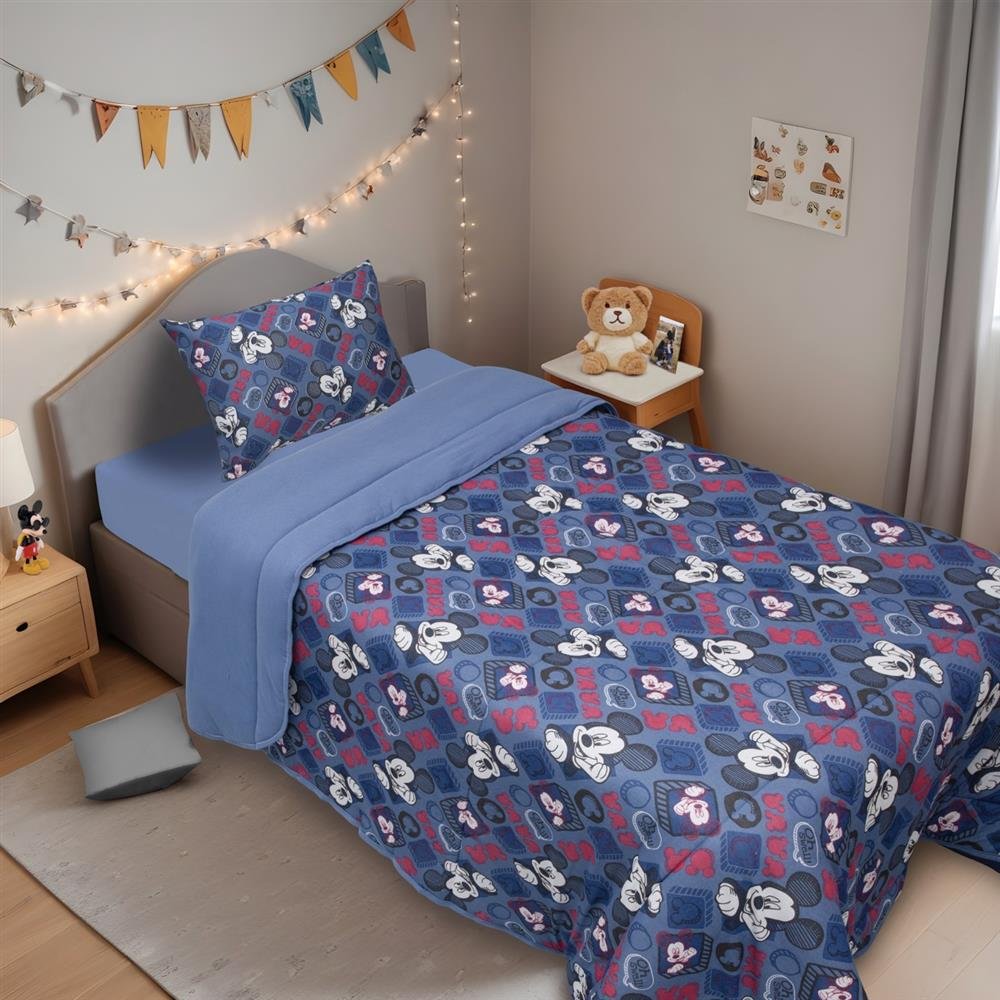 Edredom Estampado 1 Peça Portallar Disney Mickey Simpatico/Azul Jeans Casal